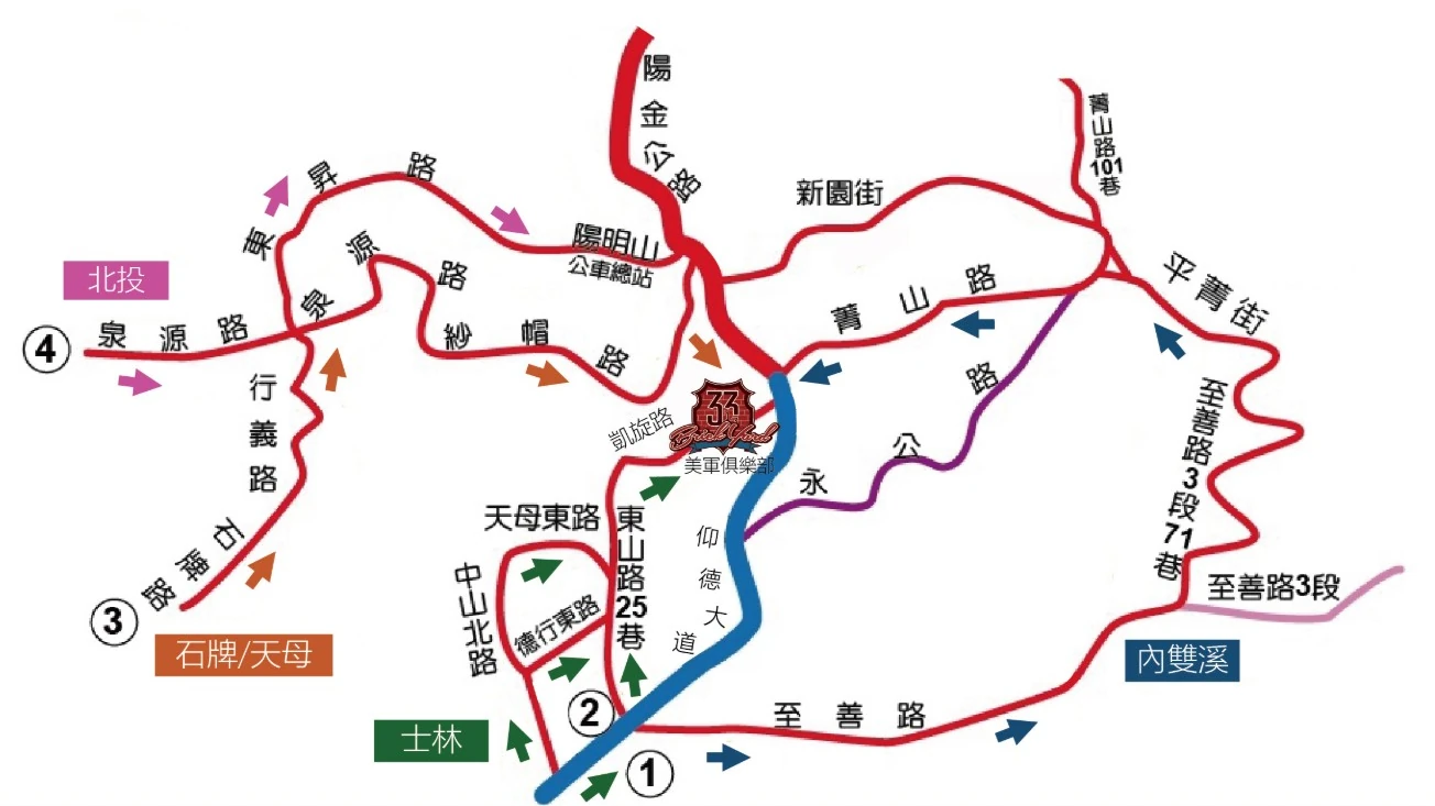 例假日小汽車替代道路圖：仰德大道管制，替代道路以紅線標示至美軍俱樂部
